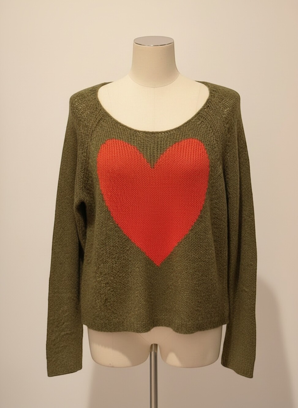Wildfox Heart Knit Sweater Olive Green Red Heart - Small